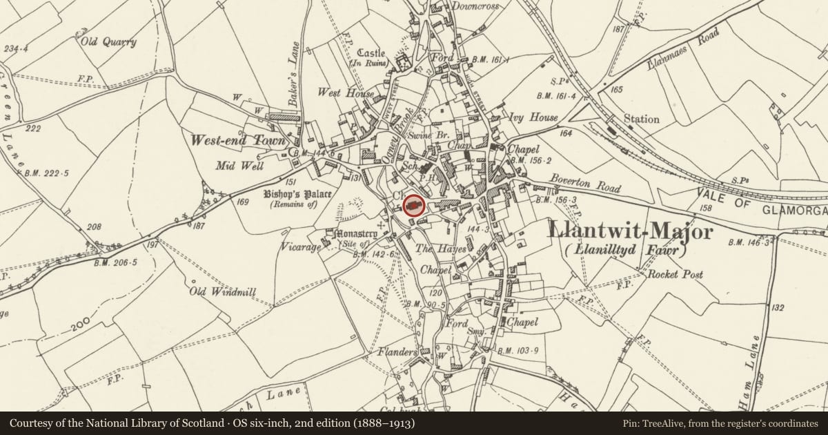 Ordnance Survey six-inch map, 2nd edition (1888–1913) covering the location of Church of St Illtud, Llantwit Major, Vale of Glamorgan, with a pin at the register's coordinates