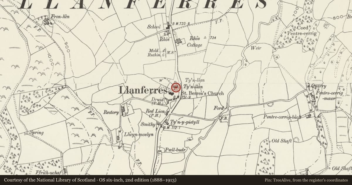 Ordnance Survey six-inch map, 2nd edition (1888–1913) covering the location of Tyn Llan Farmhouse, Llanferres, Denbighshire, with a pin at the register's coordinates