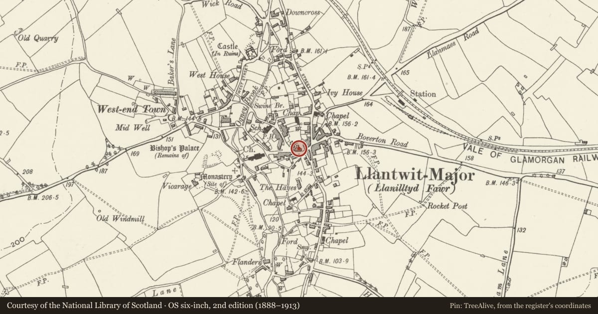 Ordnance Survey six-inch map, 2nd edition (1888–1913) covering the location of Old Swan Inn PH, Llantwit Major, Vale of Glamorgan, with a pin at the register's coordinates