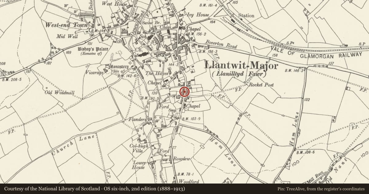 Ordnance Survey six-inch map, 2nd edition (1888–1913) covering the location of Ty-ny, with attached garden wall, Llantwit Major, Vale of Glamorgan, with a pin at the register's coordinates