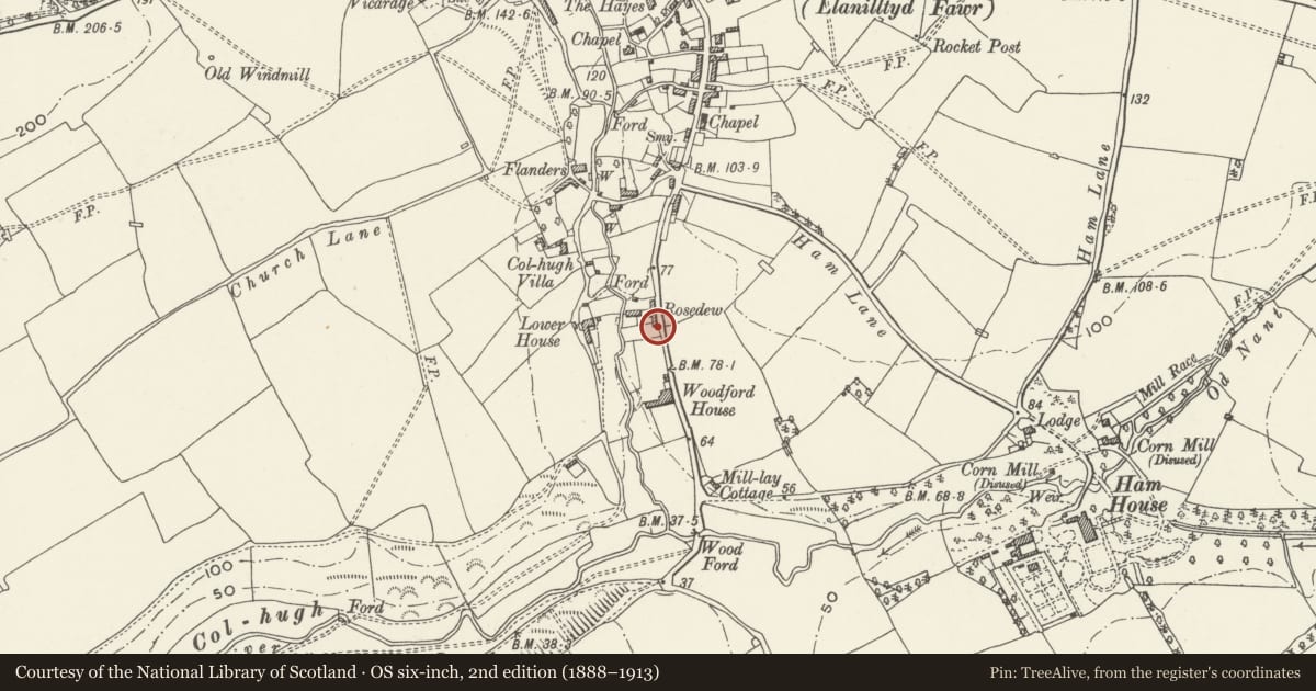 Ordnance Survey six-inch map, 2nd edition (1888–1913) covering the location of Rosedew, Llantwit Major, Vale of Glamorgan, with a pin at the register's coordinates