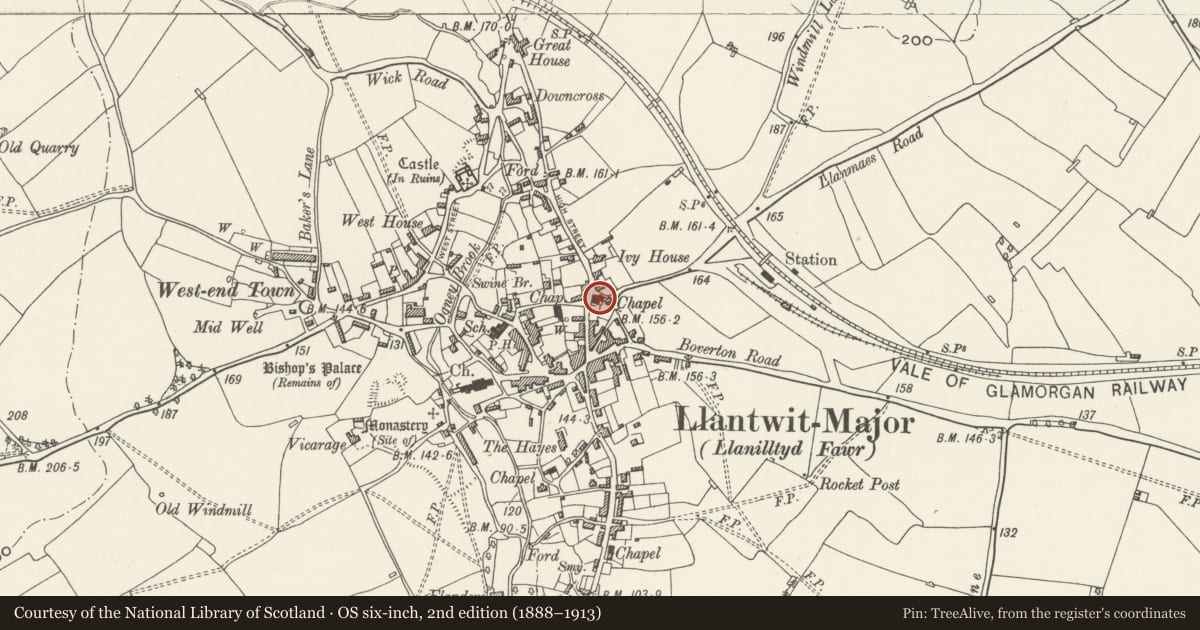 Ordnance Survey six-inch map, 2nd edition (1888–1913) covering the location of Bethel Baptist Church, Llantwit Major, Vale of Glamorgan, with a pin at the register's coordinates