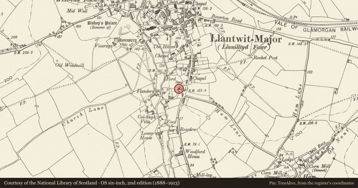 Ordnance Survey six-inch map, 2nd edition (1888–1913) covering the location of The Cottage with attached garden walls, Llantwit Major, Vale of Glamorgan, with a pin at the register's coordinates