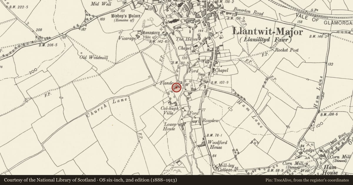 Ordnance Survey six-inch map, 2nd edition (1888–1913) covering the location of Flanders Farmhouse, Llantwit Major, Vale of Glamorgan, with a pin at the register's coordinates