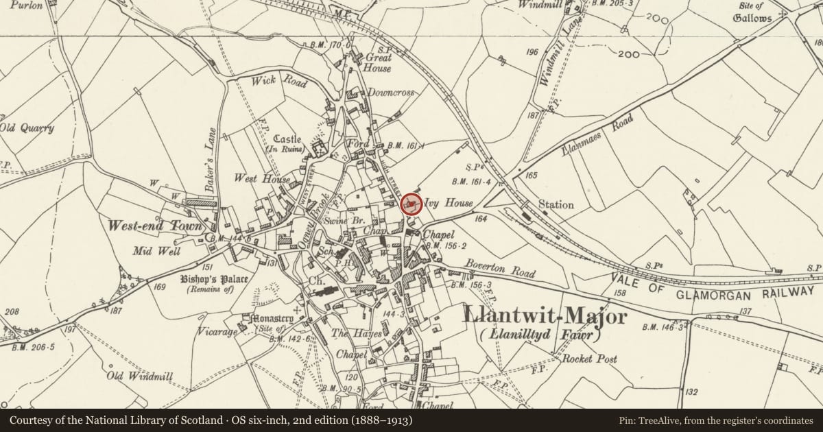 Ordnance Survey six-inch map, 2nd edition (1888–1913) covering the location of Court House, Llantwit Major, Vale of Glamorgan, with a pin at the register's coordinates