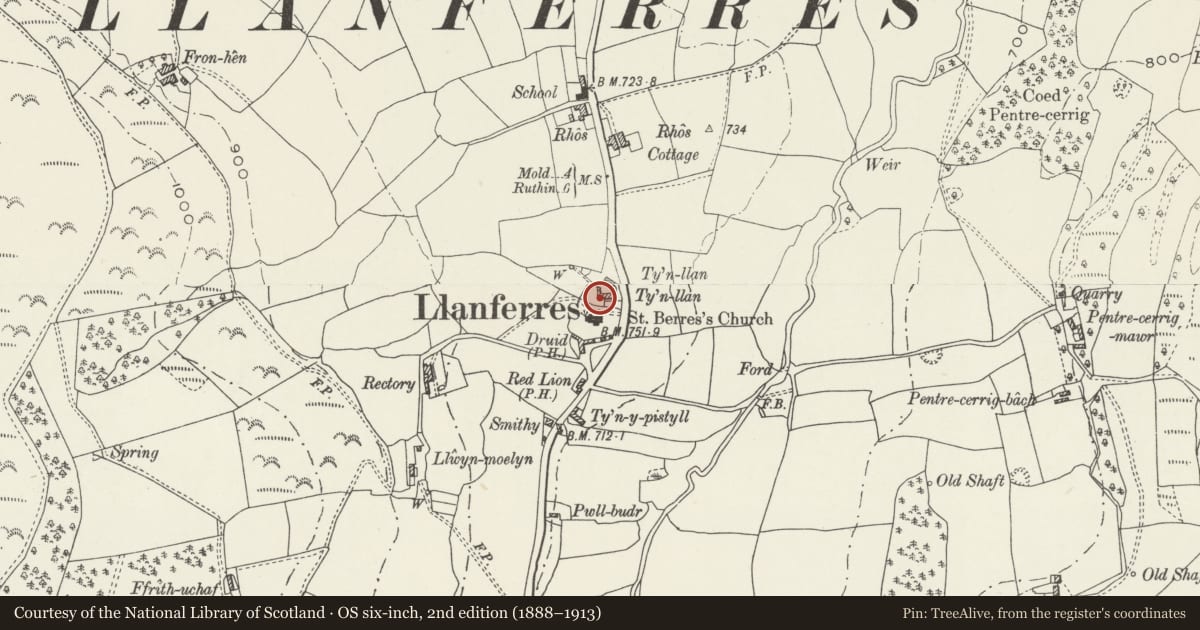 Ordnance Survey six-inch map, 2nd edition (1888–1913) covering the location of Former Barn at Tyn Llan Farm, Llanferres, Denbighshire, with a pin at the register's coordinates