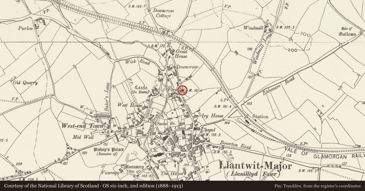 Ordnance Survey six-inch map, 2nd edition (1888–1913) covering the location of The Old House, Llantwit Major, Vale of Glamorgan, with a pin at the register's coordinates