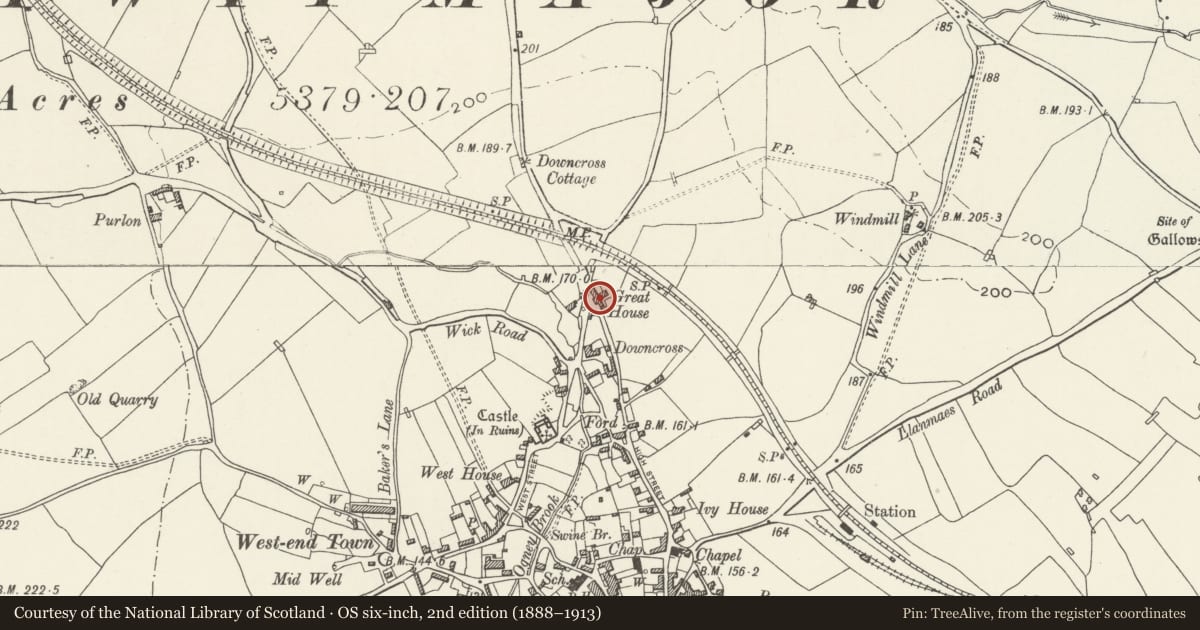 Ordnance Survey six-inch map, 2nd edition (1888–1913) covering the location of Ty-Mawr (or Great House), Llantwit Major, Vale of Glamorgan, with a pin at the register's coordinates