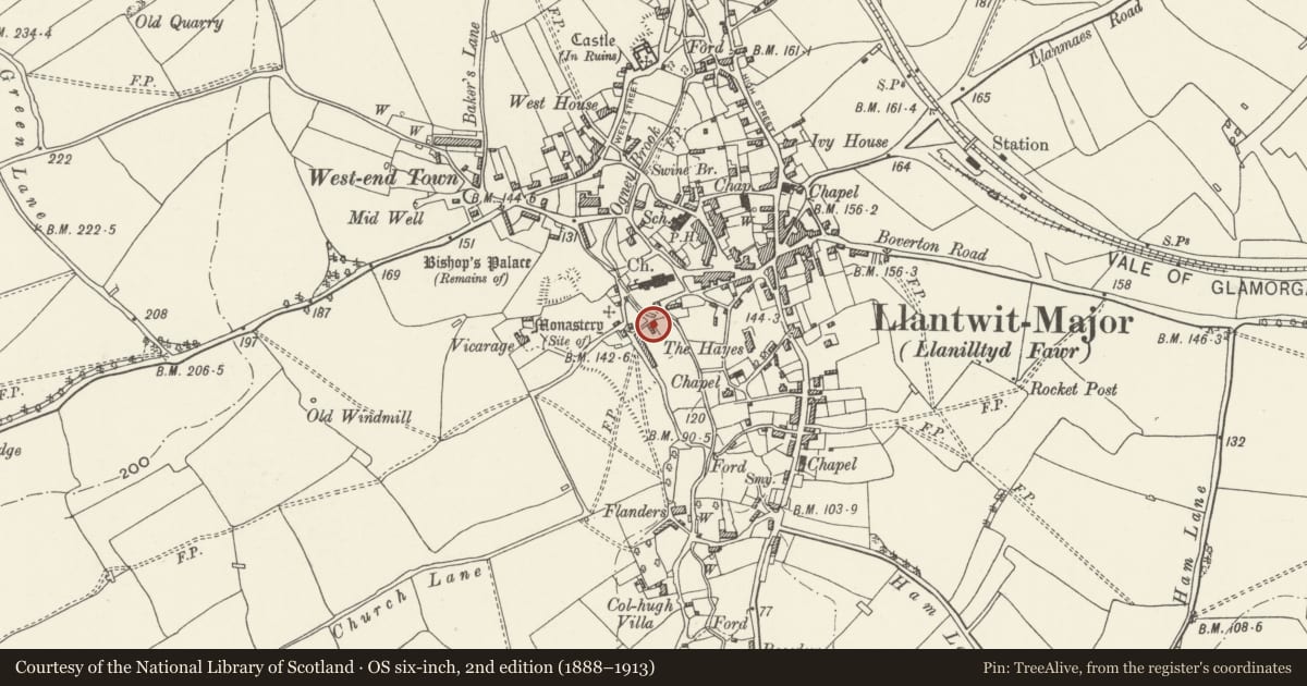 Ordnance Survey six-inch map, 2nd edition (1888–1913) covering the location of Chantry House, Llantwit Major, Vale of Glamorgan, with a pin at the register's coordinates