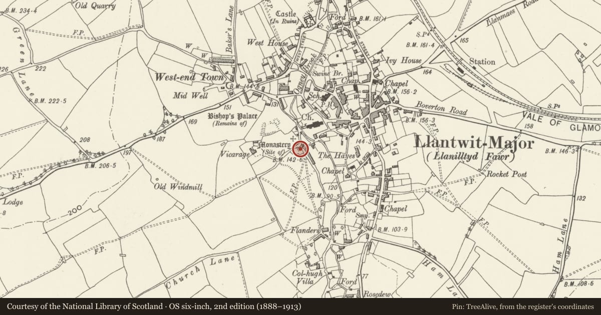 Ordnance Survey six-inch map, 2nd edition (1888–1913) covering the location of The Old Police Station, Llantwit Major, Vale of Glamorgan, with a pin at the register's coordinates
