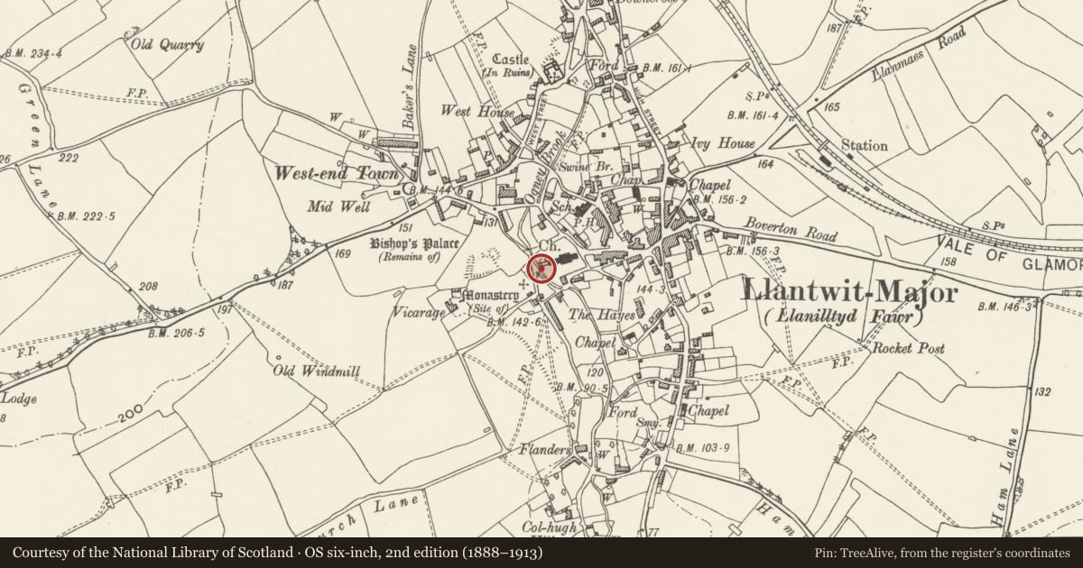 Ordnance Survey six-inch map, 2nd edition (1888–1913) covering the location of Footbridge over Stream at West Entrance to Churchyard of Church of St Illtud, Llantwit Major, Vale of Glamorgan, with a pin at the register's coordinates