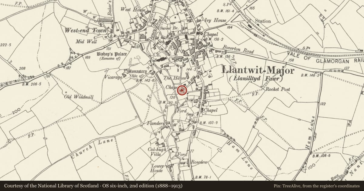 Ordnance Survey six-inch map, 2nd edition (1888–1913) covering the location of Brooklands Cottage, Llantwit Major, Vale of Glamorgan, with a pin at the register's coordinates