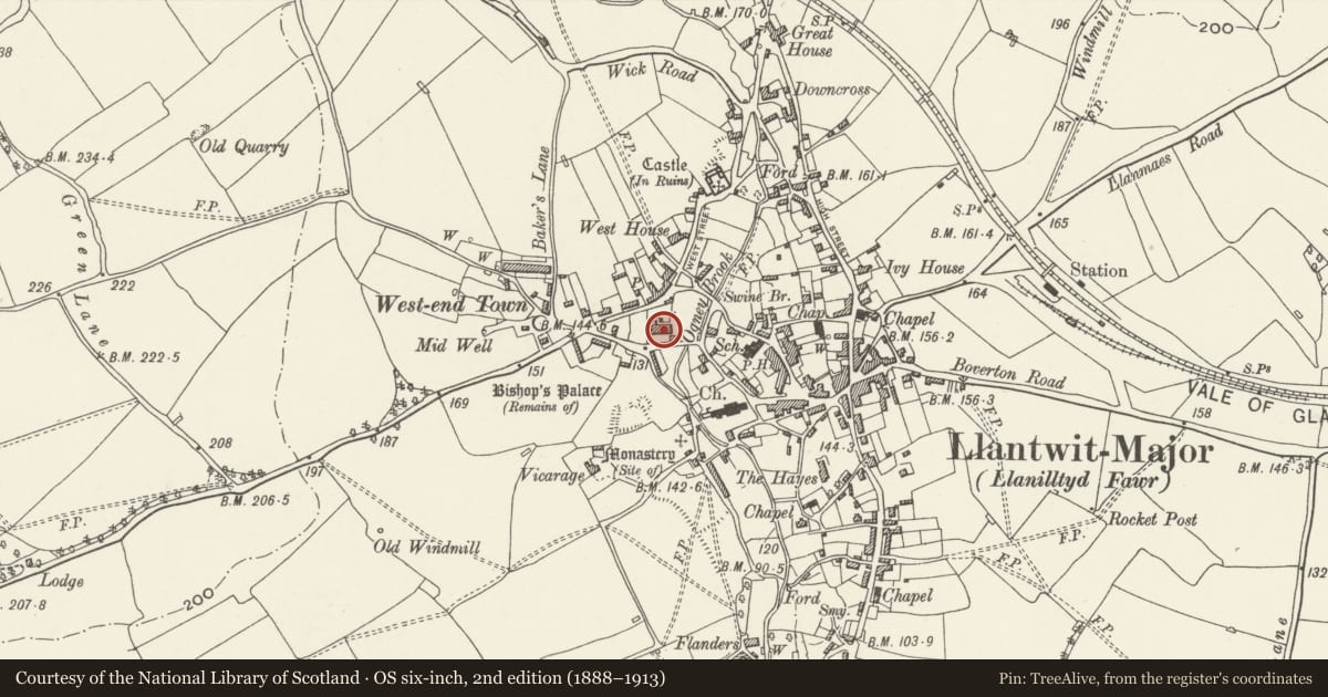 Ordnance Survey six-inch map, 2nd edition (1888–1913) covering the location of Plymouth House, Llantwit Major, Vale of Glamorgan, with a pin at the register's coordinates
