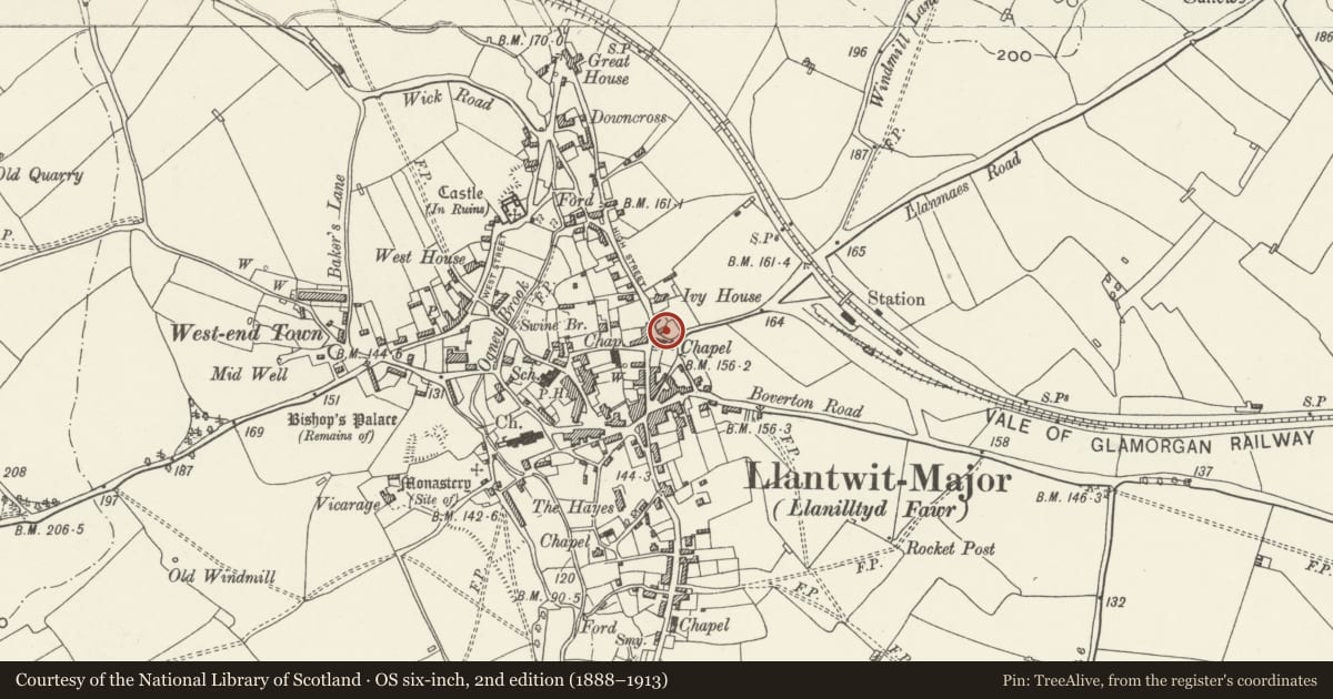 Ordnance Survey six-inch map, 2nd edition (1888–1913) covering the location of Fonmon Cottage, Llantwit Major, Vale of Glamorgan, with a pin at the register's coordinates