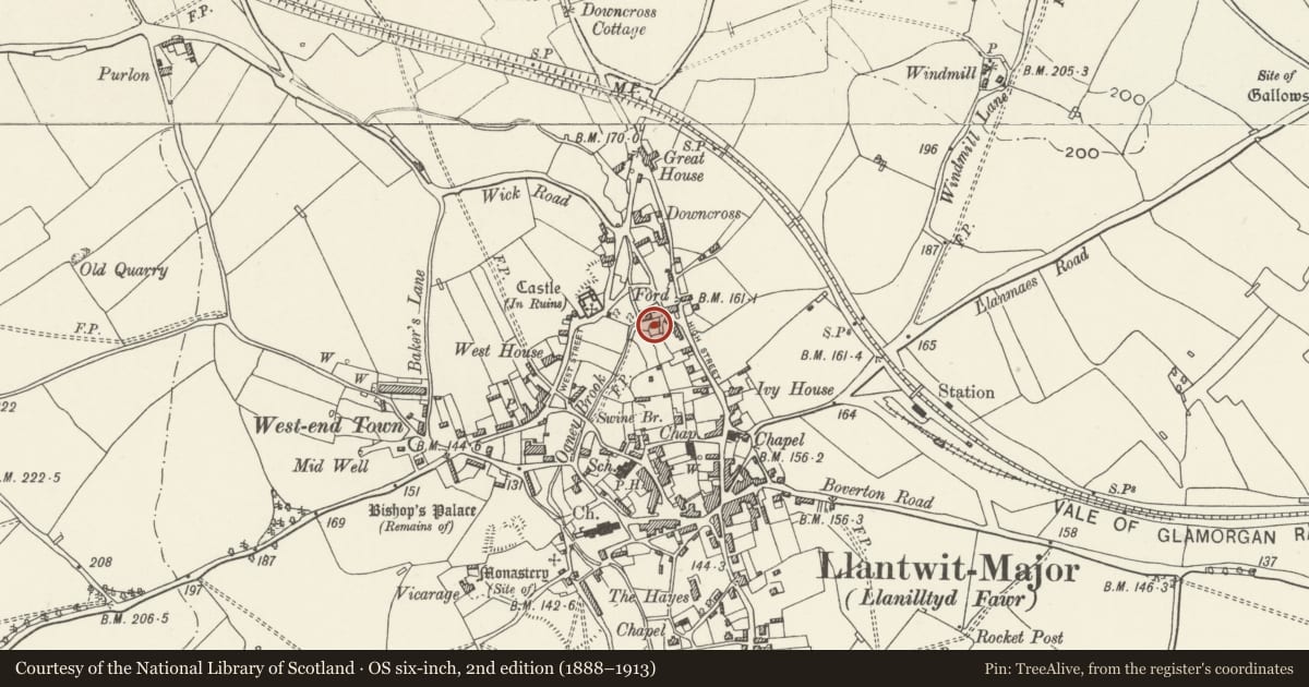 Ordnance Survey six-inch map, 2nd edition (1888–1913) covering the location of Rewley Court, Llantwit Major, Vale of Glamorgan, with a pin at the register's coordinates