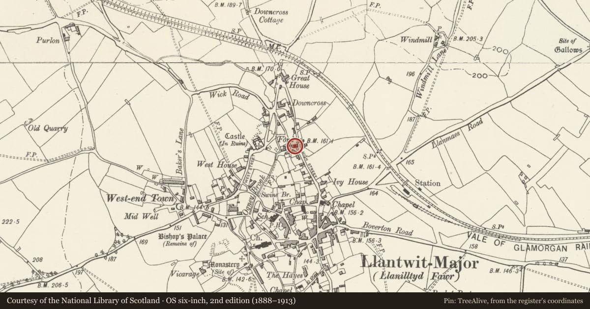 Ordnance Survey six-inch map, 2nd edition (1888–1913) covering the location of Corner House, Llantwit Major, Vale of Glamorgan, with a pin at the register's coordinates