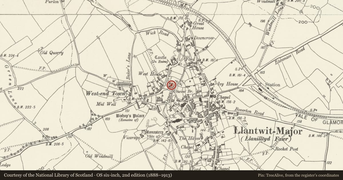 Ordnance Survey six-inch map, 2nd edition (1888–1913) covering the location of Swimbridge Farmhouse with attached garden walls, Llantwit Major, Vale of Glamorgan, with a pin at the register's coordinates