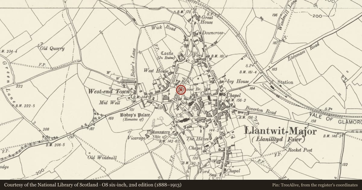 Ordnance Survey six-inch map, 2nd edition (1888–1913) covering the location of The Swine Bridge, Llantwit Major, Vale of Glamorgan, with a pin at the register's coordinates