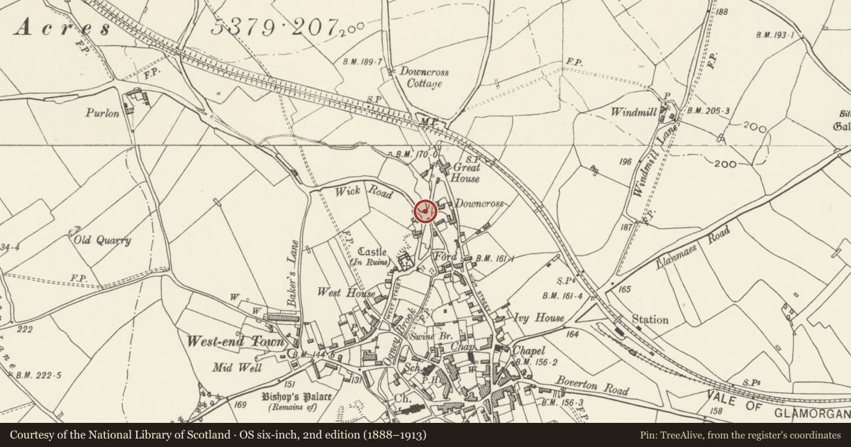 Ordnance Survey six-inch map, 2nd edition (1888–1913) covering the location of Well opposite Downcross Farm, Llantwit Major, Vale of Glamorgan, with a pin at the register's coordinates