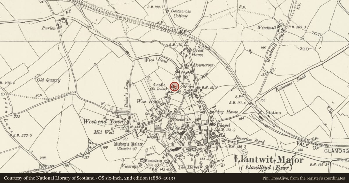 Ordnance Survey six-inch map, 2nd edition (1888–1913) covering the location of Residential Parlour Block and Extension, Old Place, Llantwit Major, Vale of Glamorgan, with a pin at the register's coordinates