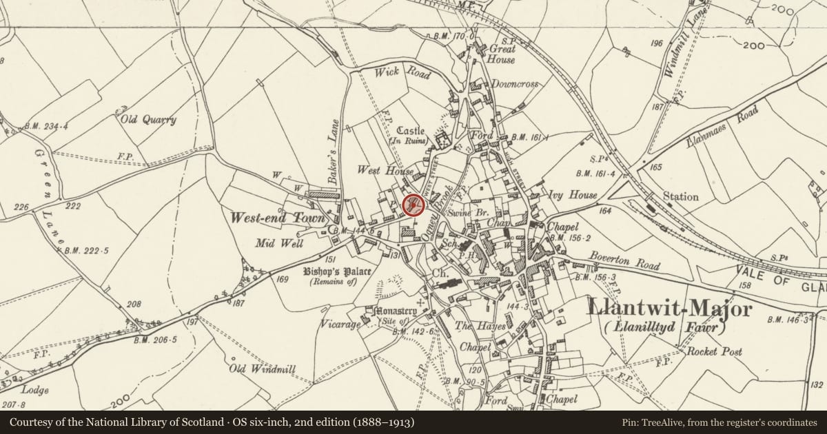 Ordnance Survey six-inch map, 2nd edition (1888–1913) covering the location of Hill Cottage, Llantwit Major, Vale of Glamorgan, with a pin at the register's coordinates