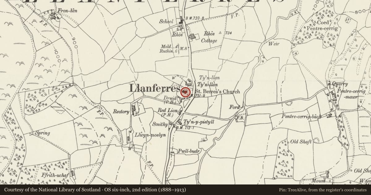Ordnance Survey six-inch map, 2nd edition (1888–1913) covering the location of Parish Church of St Berres, Llanferres, Denbighshire, with a pin at the register's coordinates