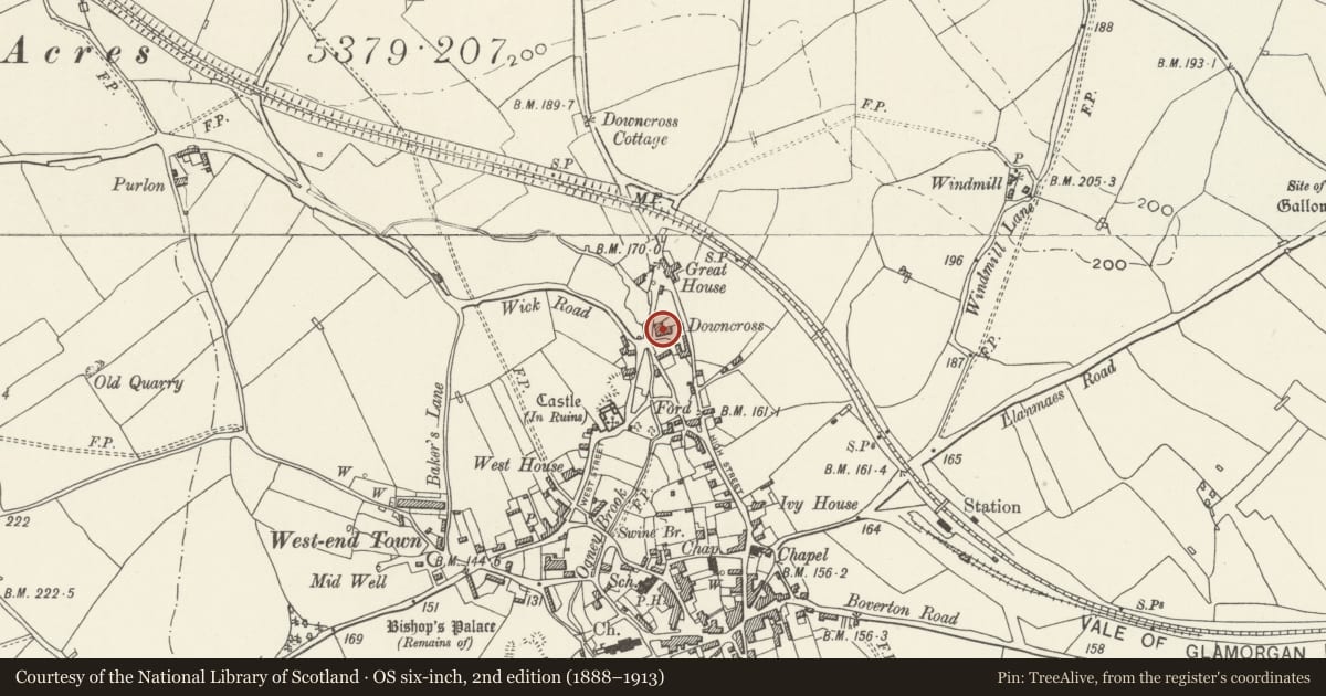 Ordnance Survey six-inch map, 2nd edition (1888–1913) covering the location of Downcross Farmhouse including front garden walls, Llantwit Major, Vale of Glamorgan, with a pin at the register's coordinates