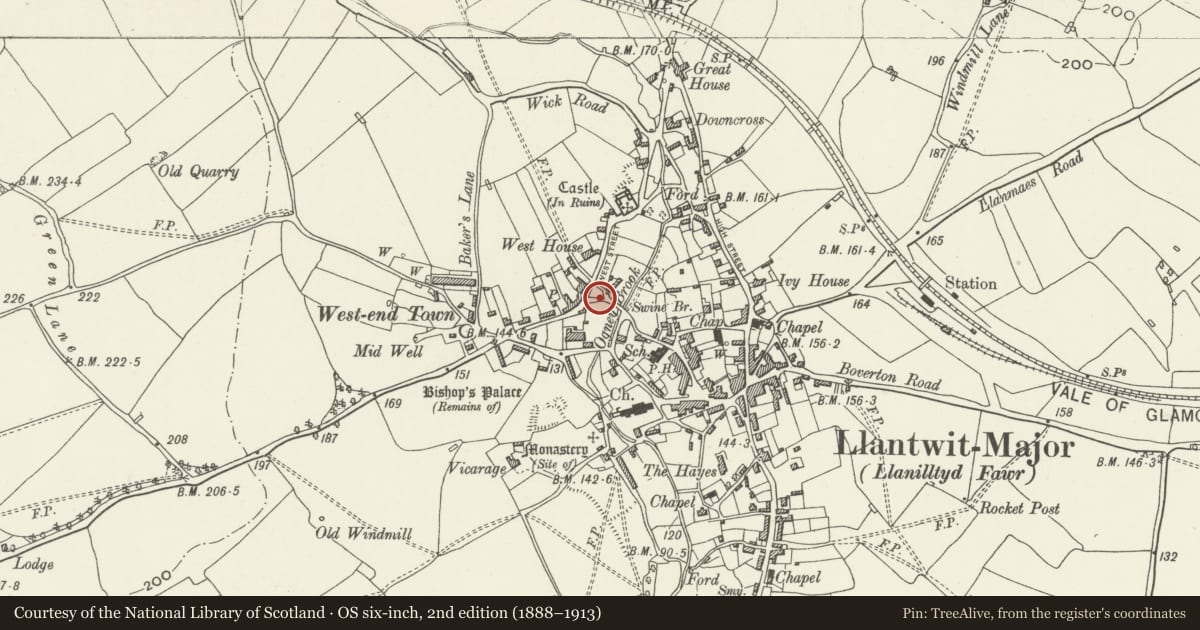 Ordnance Survey six-inch map, 2nd edition (1888–1913) covering the location of Walls to Garden to West Farm on south-east side of West Street, Llantwit Major, Vale of Glamorgan, with a pin at the register's coordinates