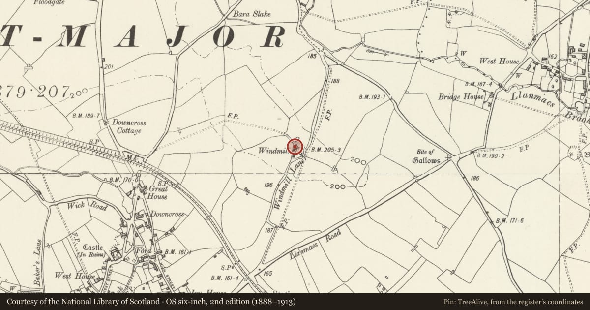 Ordnance Survey six-inch map, 2nd edition (1888–1913) covering the location of Windmill House, Llantwit Major, Vale of Glamorgan, with a pin at the register's coordinates