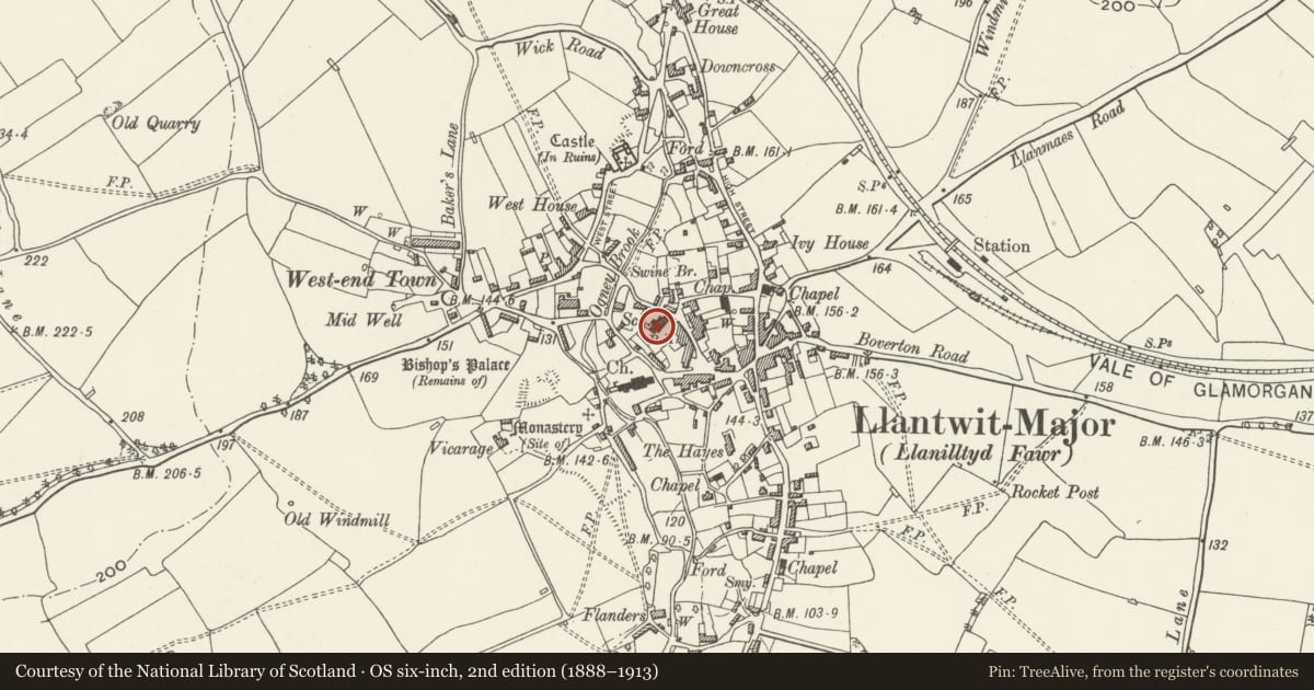 Ordnance Survey six-inch map, 2nd edition (1888–1913) covering the location of The Old School, including attached walling, Llantwit Major, Vale of Glamorgan, with a pin at the register's coordinates