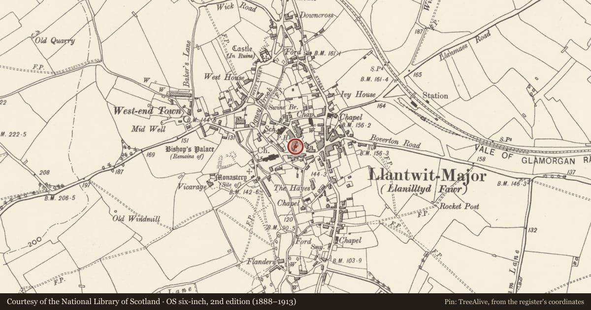 Ordnance Survey six-inch map, 2nd edition (1888–1913) covering the location of Old White Hart P.H., Llantwit Major, Vale of Glamorgan, with a pin at the register's coordinates