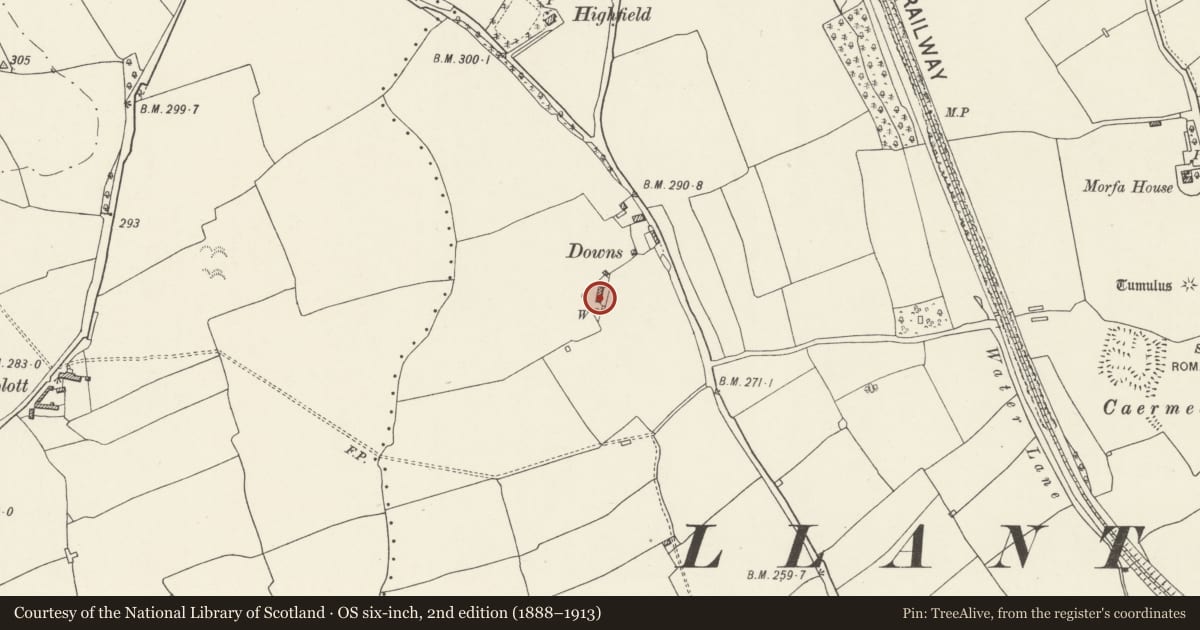 Ordnance Survey six-inch map, 2nd edition (1888–1913) covering the location of Downs Farmhouse, Llantwit Major, Vale of Glamorgan, with a pin at the register's coordinates