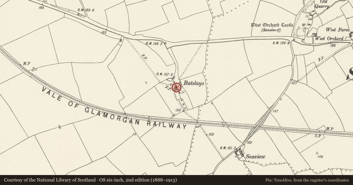 Ordnance Survey six-inch map, 2nd edition (1888–1913) covering the location of Batslays Farmhouse, Llantwit Major, Vale of Glamorgan, with a pin at the register's coordinates