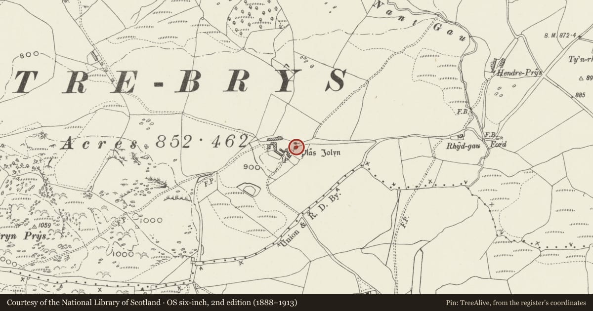 Ordnance Survey six-inch map, 2nd edition (1888–1913) covering the location of Outbuilding at Plas Iolyn, Pentrefoelas, Conwy, with a pin at the register's coordinates
