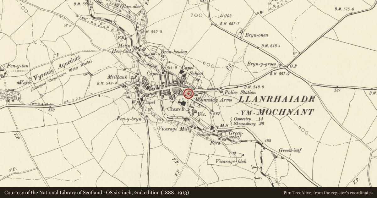 Ordnance Survey six-inch map, 2nd edition (1888–1913) covering the location of Telephone Call-box at Junction with Park Street, Llanrhaeadr-ym-Mochnant, Powys, with a pin at the register's coordinates