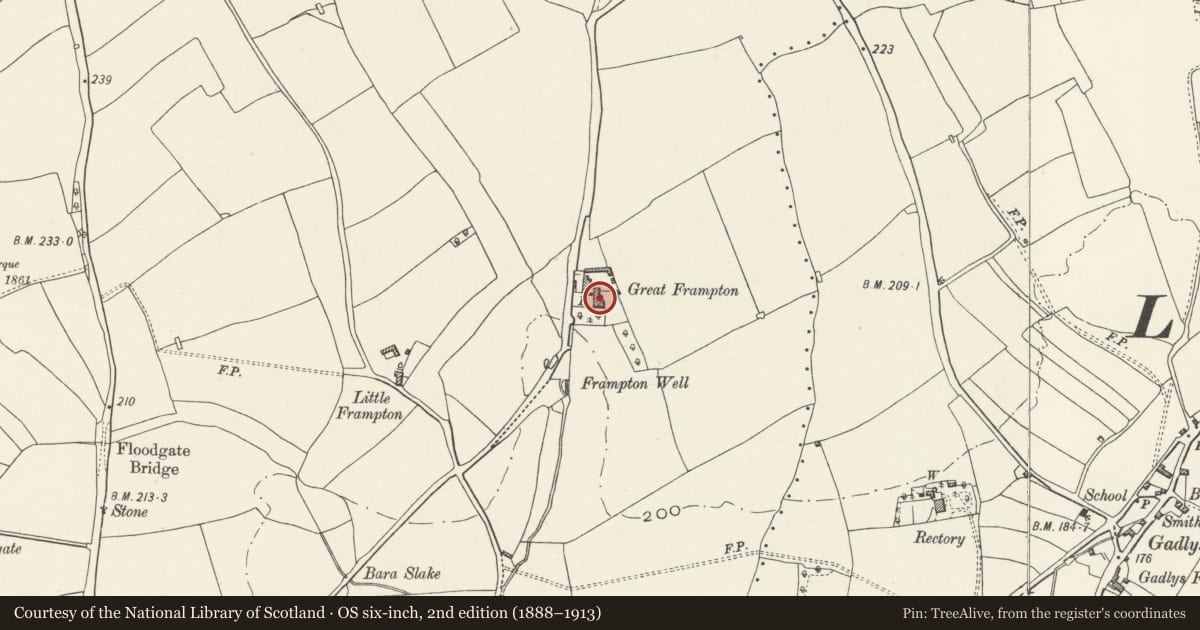 Ordnance Survey six-inch map, 2nd edition (1888–1913) covering the location of Great Frampton, Llantwit Major, Vale of Glamorgan, with a pin at the register's coordinates