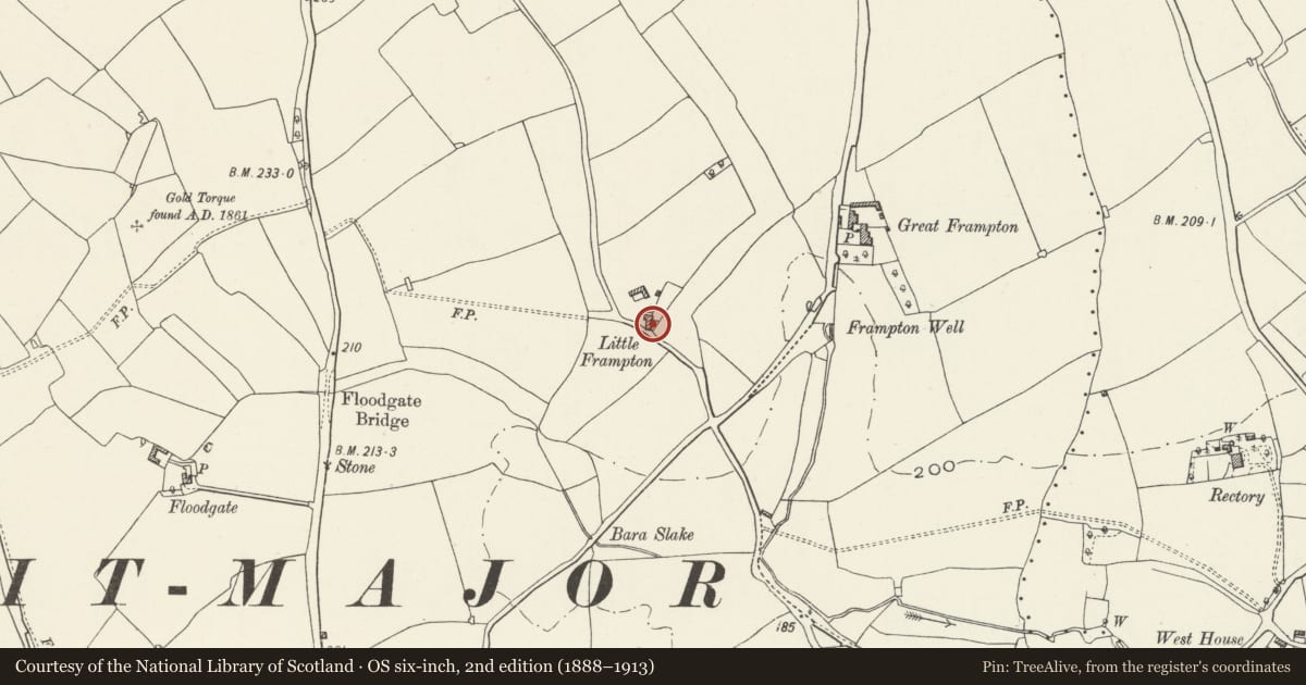 Ordnance Survey six-inch map, 2nd edition (1888–1913) covering the location of Little Frampton Farmhouse, Llantwit Major, Vale of Glamorgan, with a pin at the register's coordinates