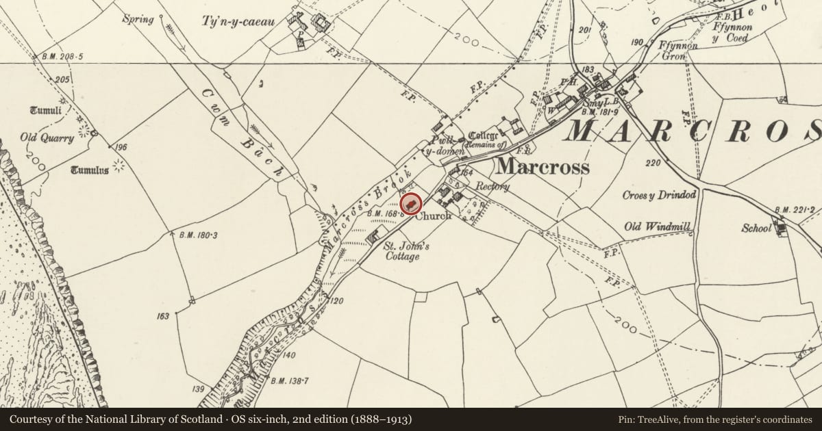 Ordnance Survey six-inch map, 2nd edition (1888–1913) covering the location of Church of the Holy Trinity, St. Donats, Vale of Glamorgan, with a pin at the register's coordinates