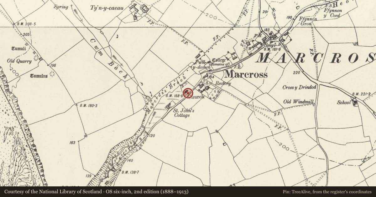 Ordnance Survey six-inch map, 2nd edition (1888–1913) covering the location of Sundial in the Churchyard of the Church of the Holy Trinity, St. Donats, Vale of Glamorgan, with a pin at the register's coordinates