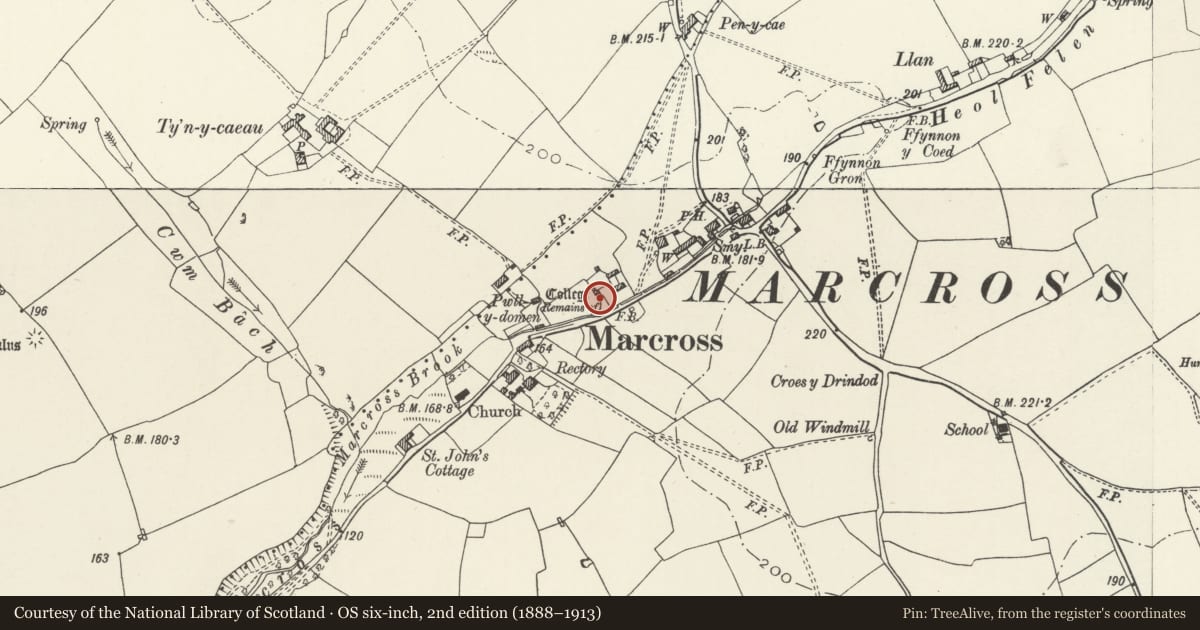 Ordnance Survey six-inch map, 2nd edition (1888–1913) covering the location of High Wall, comprising remains of Marcross Castle, bounding part of SW Farmyard of Village Farm, St. Donats, Vale of Glamorgan, with a pin at the register's coordinates