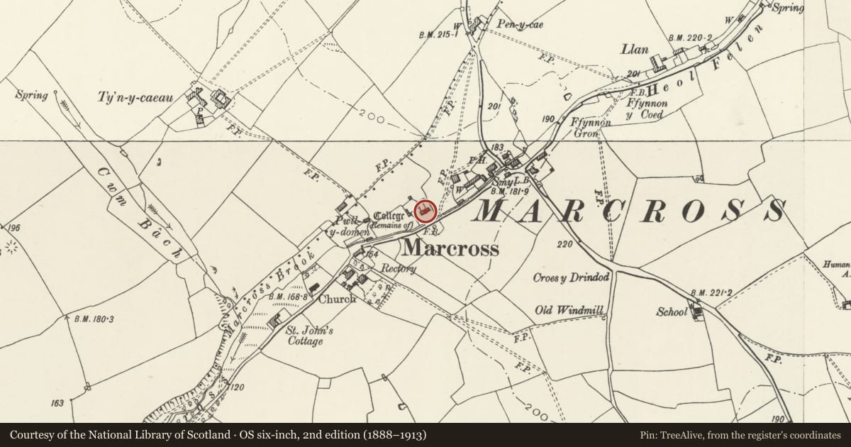 Ordnance Survey six-inch map, 2nd edition (1888–1913) covering the location of Free-standing Outbuilding at Village Farm incorporating remains of Marcross Castle and sited on SW, St. Donats, Vale of Glamorgan, with a pin at the register's coordinates