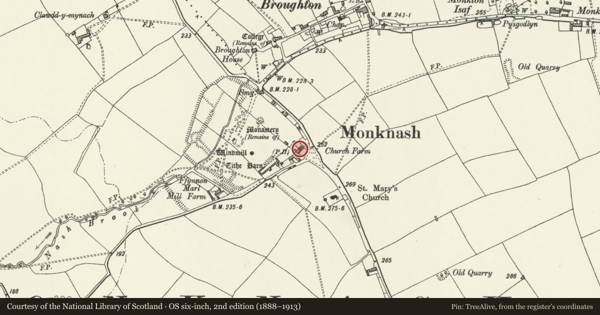 Ordnance Survey six-inch map, 2nd edition (1888–1913) covering the location of Church Farmhouse, St. Donats, Vale of Glamorgan, with a pin at the register's coordinates