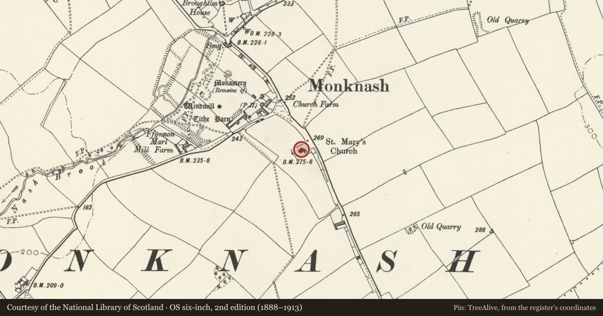 Ordnance Survey six-inch map, 2nd edition (1888–1913) covering the location of Church of St Mary, St. Donats, Vale of Glamorgan, with a pin at the register's coordinates
