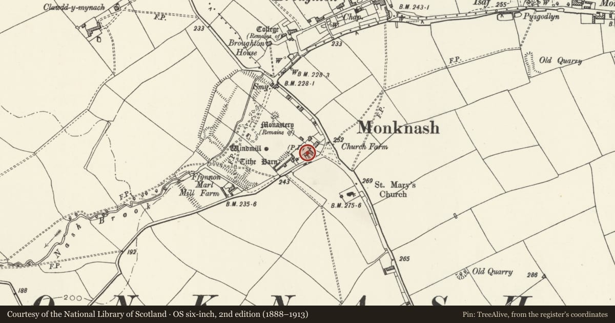 Ordnance Survey six-inch map, 2nd edition (1888–1913) covering the location of Plough and Harrow PH, including front garden walls, St. Donats, Vale of Glamorgan, with a pin at the register's coordinates