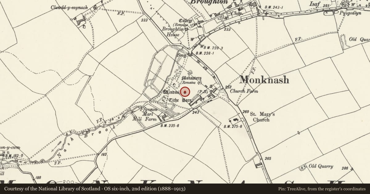 Ordnance Survey six-inch map, 2nd edition (1888–1913) covering the location of Dovecote of Monknash Grange, St. Donats, Vale of Glamorgan, with a pin at the register's coordinates