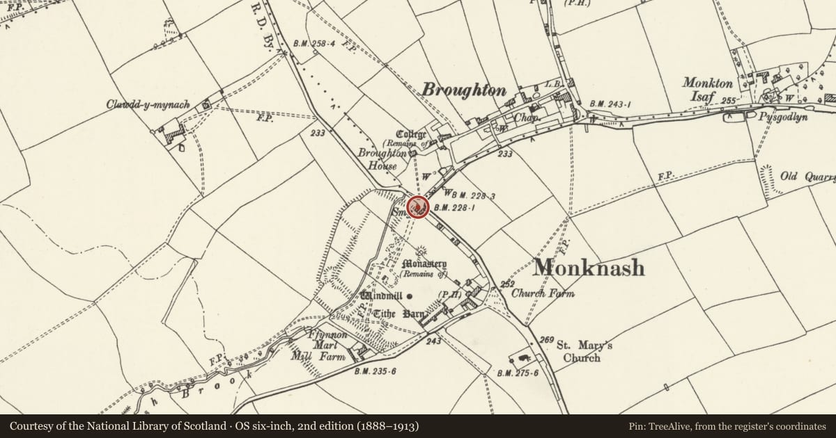Ordnance Survey six-inch map, 2nd edition (1888–1913) covering the location of Monknash Forge, St. Donats, Vale of Glamorgan, with a pin at the register's coordinates