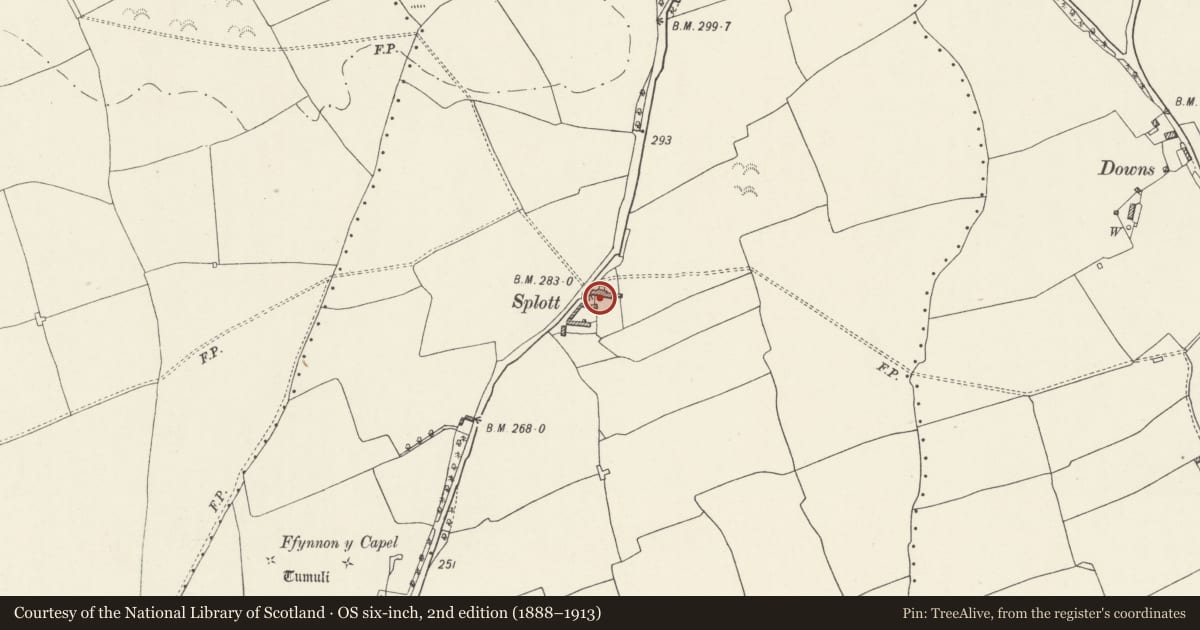 Ordnance Survey six-inch map, 2nd edition (1888–1913) covering the location of Splott Farmhouse, including attached Granary Wing, St. Donats, Vale of Glamorgan, with a pin at the register's coordinates