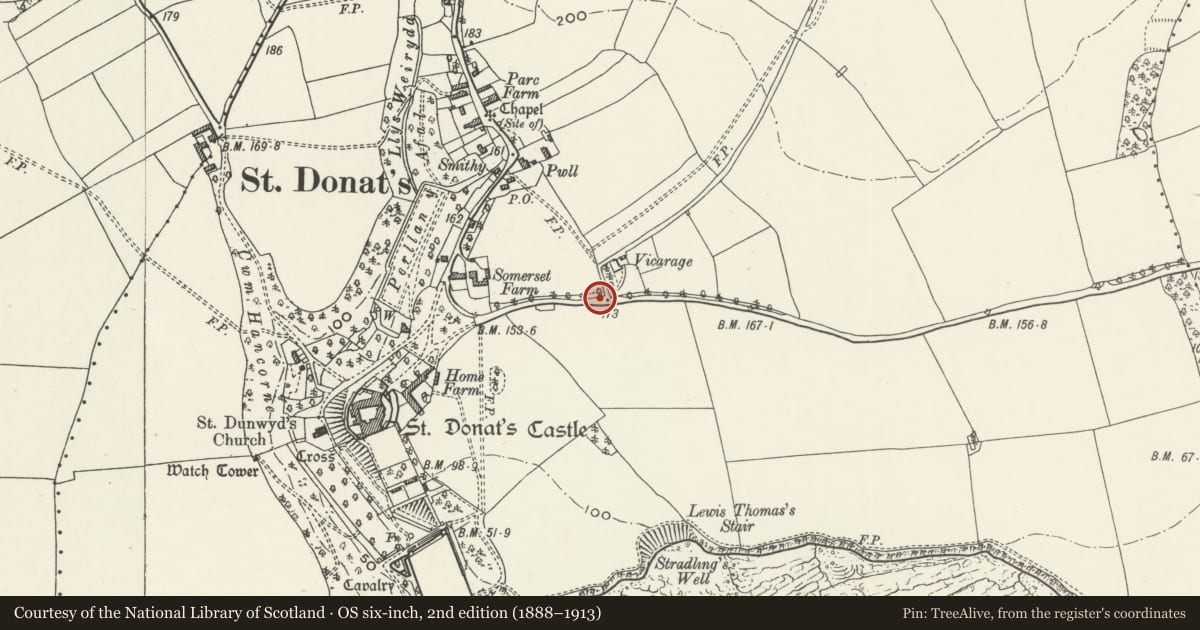 Ordnance Survey six-inch map, 2nd edition (1888–1913) covering the location of Top Lodge to St Donats Castle, including attached garden wall, St. Donats, Vale of Glamorgan, with a pin at the register's coordinates