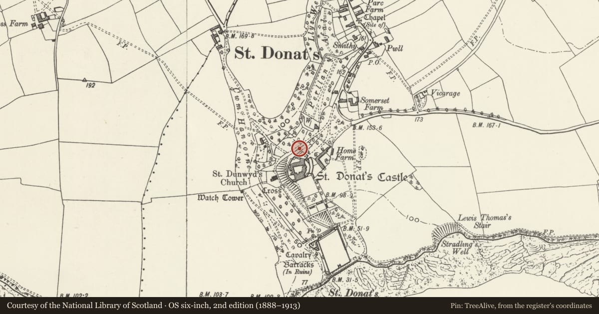 Ordnance Survey six-inch map, 2nd edition (1888–1913) covering the location of Wall of Entrance Forecourt at St Donats Castle and part of North-west Boundary Wall, St. Donats, Vale of Glamorgan, with a pin at the register's coordinates