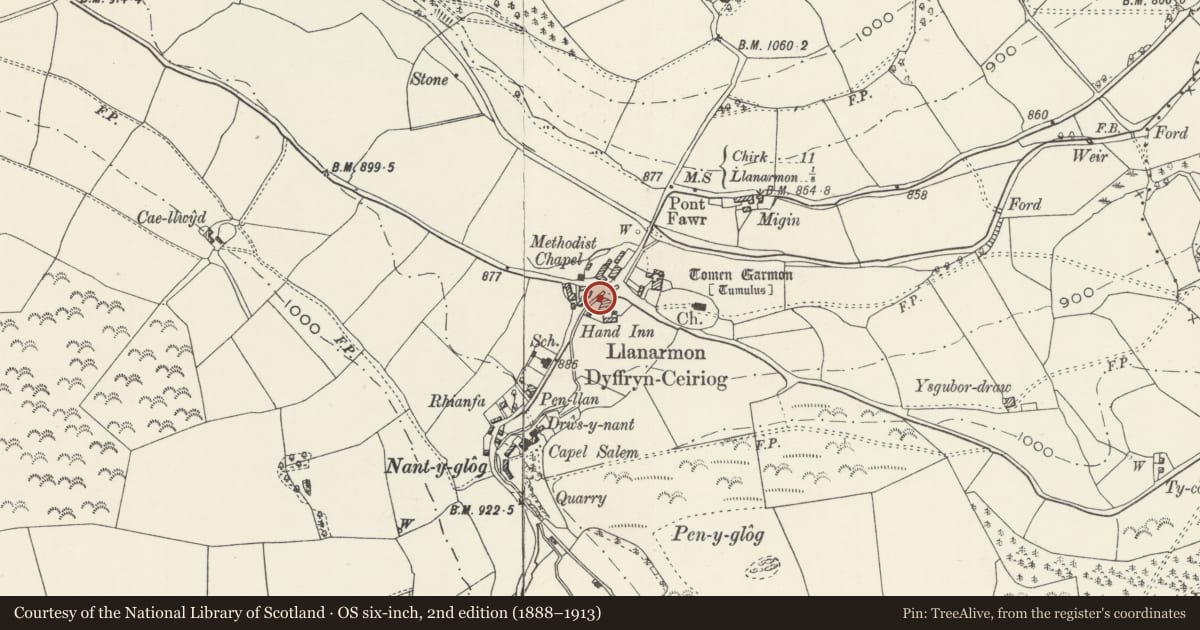Ordnance Survey six-inch map, 2nd edition (1888–1913) covering the location of Telephone Call-box adjacent to W gable end of Hand Inn, Ceiriog Ucha, Wrexham, with a pin at the register's coordinates